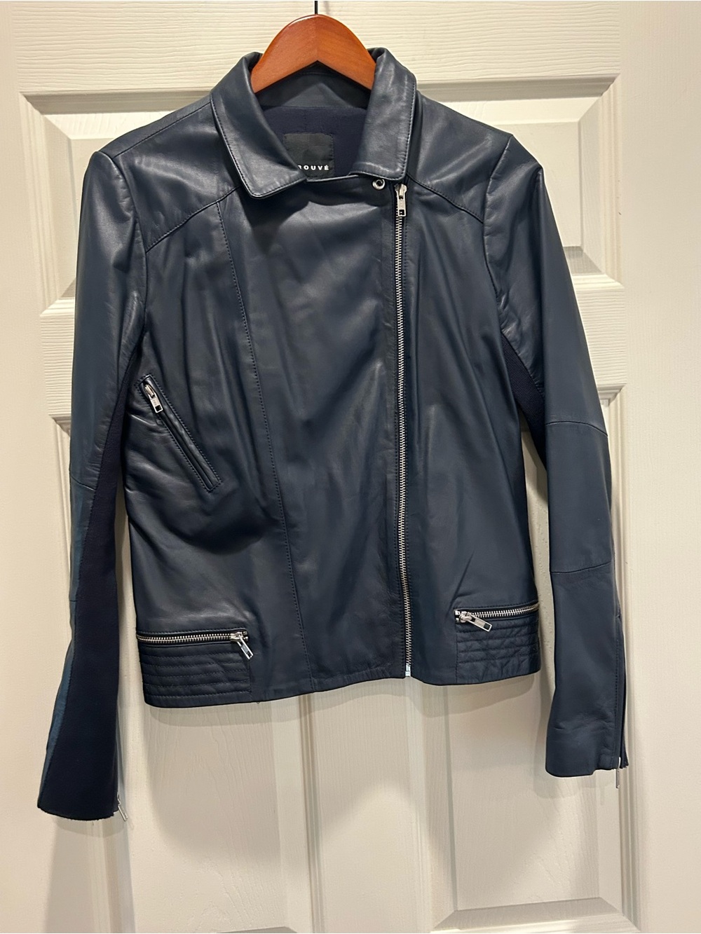 Trouve Navy Leather Asymmetric Moto Jacket